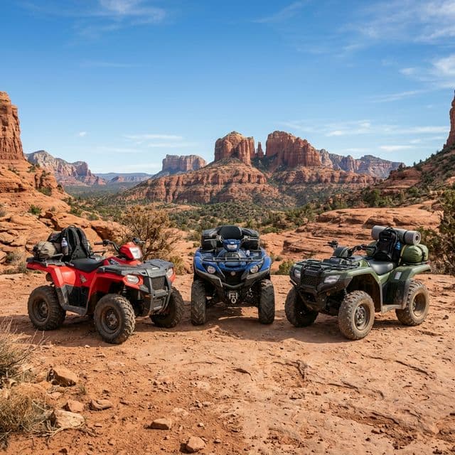 ATV climbing red rocks in desert